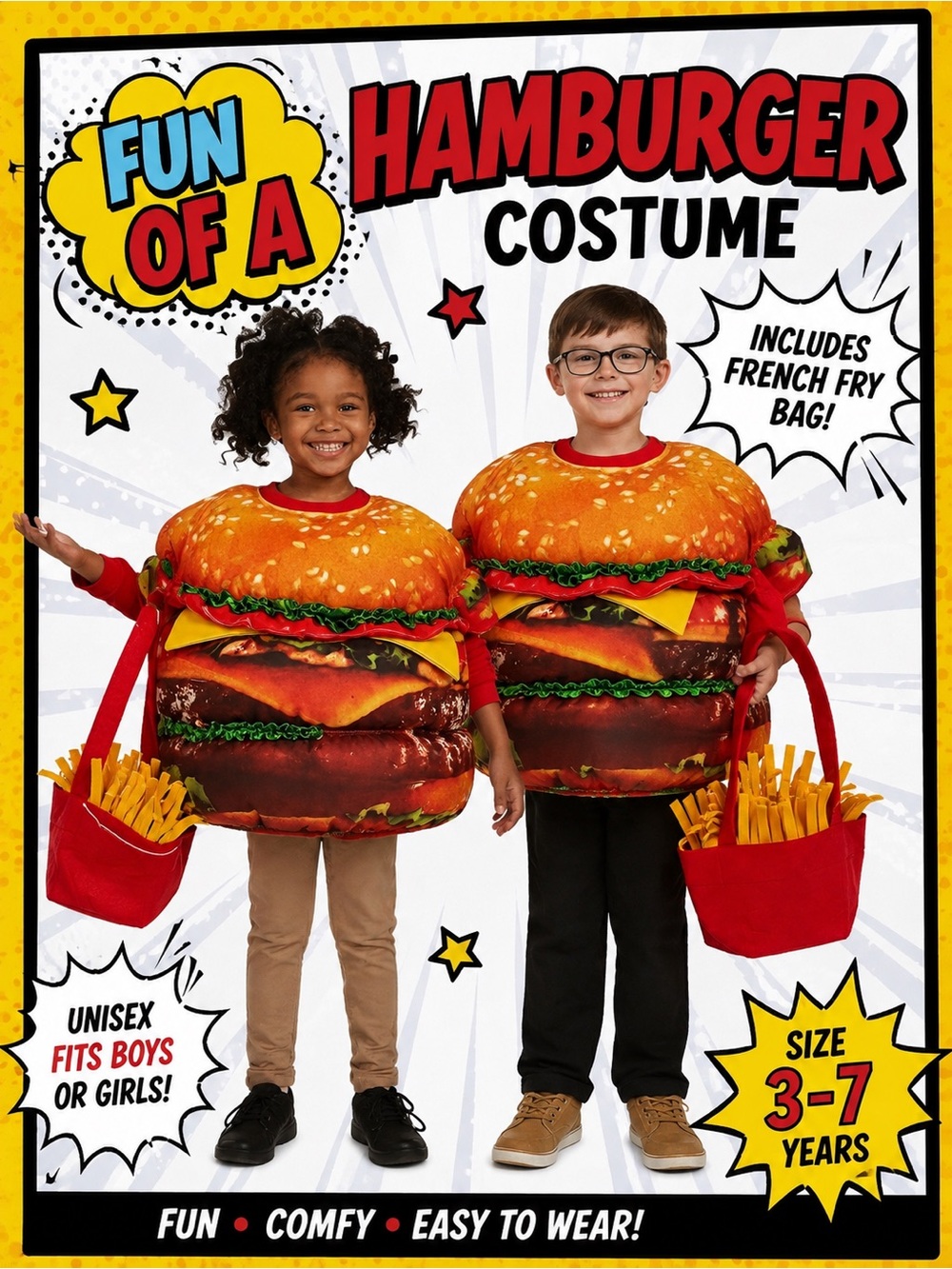 Kids Hamburger Costume with Red French Fry Bag - Orange